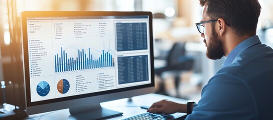 Aufkleber - Business analyst reviewing data analytics on a computer monitor, focusing on graphs and charts for financial insights in a modern office.
