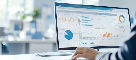 Aufkleber - Business professional analyzing data on a computer screen with graphs and charts in a modern office environment, showcasing data analysis.