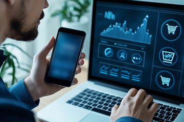 Aufkleber - Businessman analyzing data on a laptop and smartphone, focusing on charts and online shopping insights in a modern workspace.