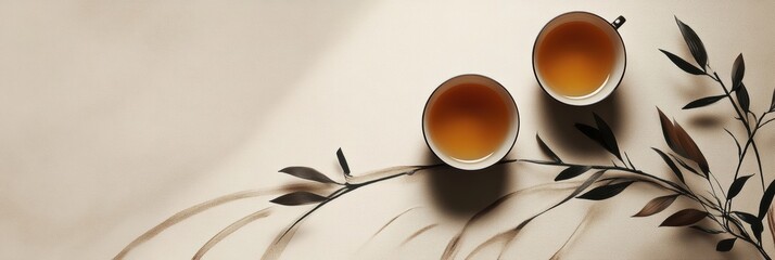 Poster - Two tea cups rest peacefully among harmonious intersecting lines resembling tea leaves, creating a calm and inviting atmosphere. Generative AI