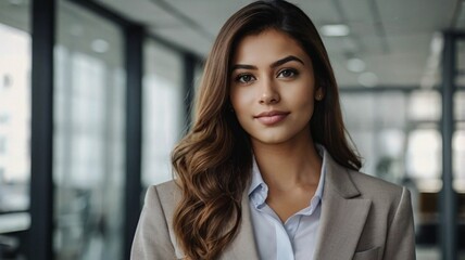 Portrait of a young beautiful Latin Hispanic business woman in office background
