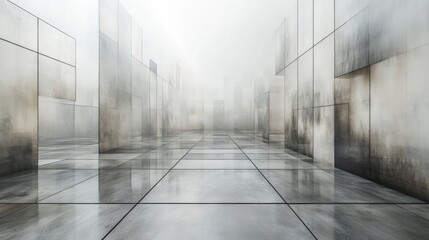 Poster - A foggy urban environment features towering glass structures reflecting on smooth, shiny surfaces, creating a surreal and ethereal atmosphere in the early morning light.