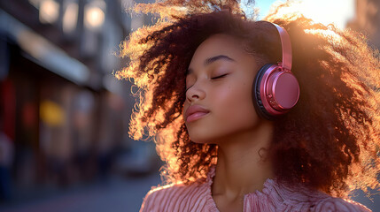 Wall Mural - A young woman enjoys music with headphones in an outdoor setting.