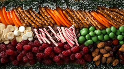 Wall Mural - A festive charcuterie board filled with an assortment of colorful Christmas candies—peppermint bark, chocolate-covered pretzels, candy canes, and green gumdrops—arranged alongside dried fruits and nut