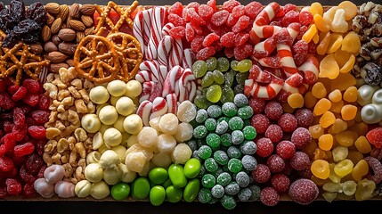 Wall Mural - A festive charcuterie board filled with an assortment of colorful Christmas candies—peppermint bark, chocolate-covered pretzels, candy canes, and green gumdrops—arranged alongside dried fruits and nut