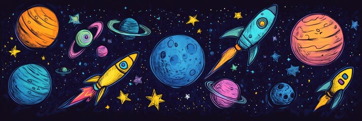 Aufkleber - A series of vibrant doodles displays planets, rockets, stars, and asteroids, creating an enchanting cosmic atmosphere in the night sky. Generative AI