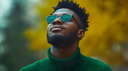 Poster - A man in a green sweater and sunglasses gazes upward outdoors.