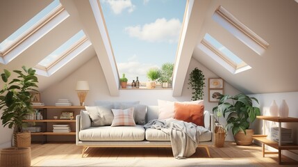 Bright attic living room with skylights, a sofa, and plants.