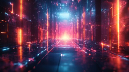 Poster - A mesmerizing corridor illuminated with neon colors stretches into the distance, showcasing glowing lines and intricate patterns. The vibrant atmosphere gives a sense of depth and wonder.