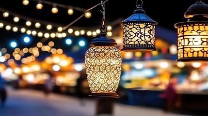 Brightly lit Indian traditional lamps and bells adorn the ceiling, creating a festive atmosphere in a temple setting filled with golden hues