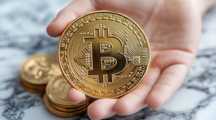 Poster - Hand holds a shiny, golden Bitcoin coin with a prominent Bitcoin symbol, resting above a marble-patterned surface