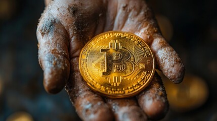 Dirty hand holds a shiny gold Bitcoin coin, symbolizing digital currency amidst earthy surroundings, creating an intriguing visual contrast