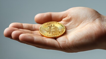 Poster - Hand holds a physical representation of a Bitcoin, symbolizing cryptocurrency, on a plain background, emphasizing digital currency
