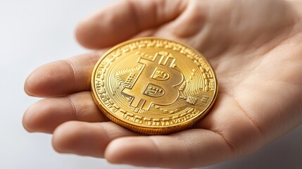 Poster - Hand holding a gold-colored coin with the Bitcoin symbol, representing cryptocurrency and digital currency concepts