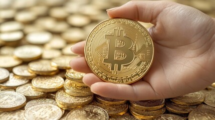 Poster - Hand holding a large gold coin with the Bitcoin symbol, surrounded by stacks of similar coins in the background