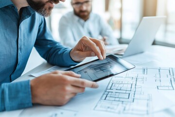 Two architects reviewing architectural plans on a tablet device at a modern office, focusing on innovative design and technology integration.