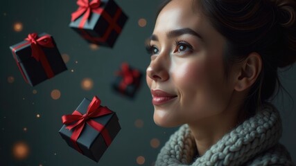 A young woman with dark hair is wearing a grey knitted scarf and looking up at black gift boxes with red ribbons floating around her, against a dark blue background with warm golden bokeh lights.
