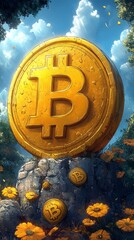 Poster - Large golden Bitcoin symbol on a stone surrounded by smaller coins and orange flowers under a blue sky