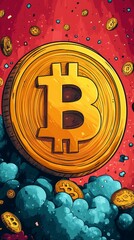 Poster - Large, stylized Bitcoin symbol amid a swirling, colorful background with smaller Bitcoin symbols scattered around