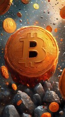 Poster - Shows floating Bitcoin coins surrounded by rocks, set against a dynamic and cosmic background with glowing light