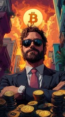 Poster - Confident man in a suit, wearing sunglasses, stands before a vibrant sunset background with Bitcoin symbol, surrounded by coins