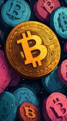 Poster - Features various colorful coins with the Bitcoin symbol, primarily in gold, blue, and red, in an artistic pattern