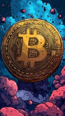 Poster - Large, detailed Bitcoin coin is depicted in a colorful, surreal environment with vibrant clouds and dynamic background elements