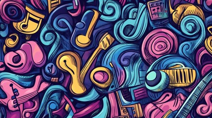 Poster - A collection of lively doodles featuring musical instruments, notes, and sound waves captures the essence of creativity and rhythm. Generative AI