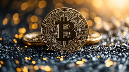 Aufkleber - Shiny Bitcoin coin standing upright against a glittering background with warm, golden bokeh lights
