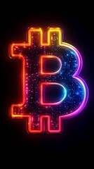 Aufkleber - Neon, circuit-patterned Bitcoin symbol, glowing with vibrant orange and blue hues against a black background