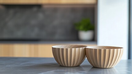 Two empty ceramic bowls on a kitchen counter with a blurred background.