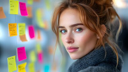 Canvas Print - A woman gazes thoughtfully at colorful sticky notes on a wall.