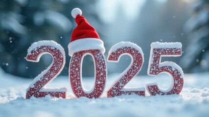 Voluminous red numbers 2025 in a red Christmas hat on snow in a winter forest. Happy New Year greeting card. New Year concept