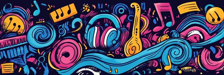 Aufkleber - A lively arrangement of musical instruments, notes, and headphones intertwines with colorful sound waves, showcasing creative energy. Generative AI