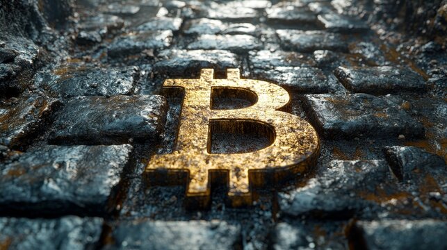 Large, shiny gold Bitcoin symbol lies on a textured cobblestone surface, reflecting light, suggesting digital currency or finance theme