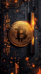 Aufkleber - Glowing Bitcoin symbol on a digital circuit board background, emphasizing cryptocurrency and futuristic technology themes