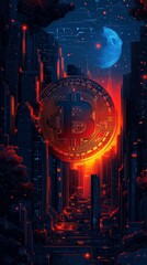 Poster - Futuristic cityscape at night with a glowing Bitcoin symbol in the center against the moon