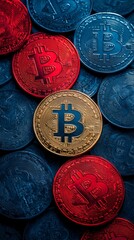 Poster - Shows several coins with the Bitcoin logo in different colors, including gold, red, and blue, stacked together