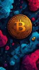 Poster - Large Bitcoin symbol surrounded by colorful, abstract clouds and geometric shapes in a cosmic theme