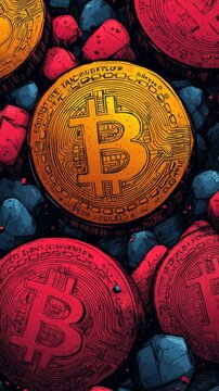 Features multiple stylized Bitcoin logos on various coins, surrounded by blue and red abstract geometric shapes