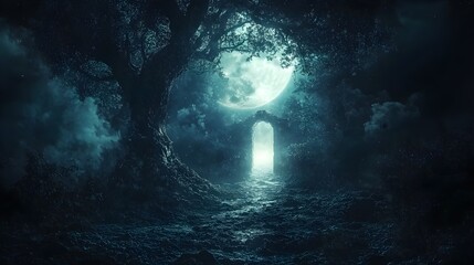 silhouettes of trees in a dark forest, an open door glowing faintly in the distance, moonlight illum
