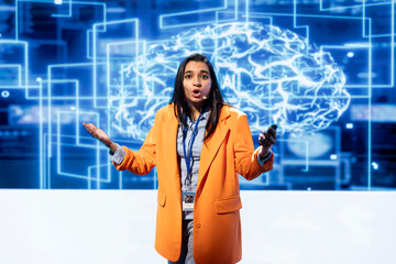 Poster - Engineer using mic during presentation, exploring ways emerging AI technologies can enhance businesses workforce. Data researcher at event presents strategies for using artificial intelligence