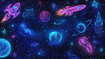Poster - Colorful cosmic-themed doodles illustrate planets, rockets, stars, and asteroids in a whimsical outer space setting. Generative AI