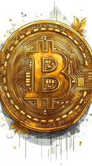 Poster - Artistic depiction of a Bitcoin coin, surrounded by abstract elements and decorative golden accents