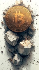 Poster - Large Bitcoin coin breaks through cracked concrete, surrounded by scattered rubble, symbolizing disruption and emergence in the cryptocurrency world
