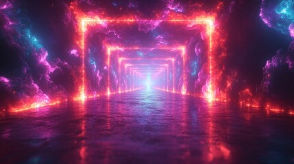 Poster - A colorful tunnel stretches into the distance, surrounded by glowing clouds and radiant neon patterns. The scene creates an otherworldly atmosphere, inviting exploration and curiosity.