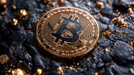 Aufkleber - Bitcoin coin resting on a textured black surface, surrounded by small gold pieces or flakes