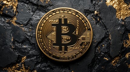 Aufkleber - Gold bitcoin symbol rests on a textured black surface with gold accents, representing cryptocurrency and digital financial transactions