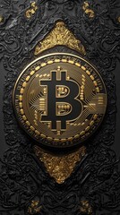 Poster - Ornate design featuring a large golden Bitcoin symbol with intricate details on a dark, decorative background