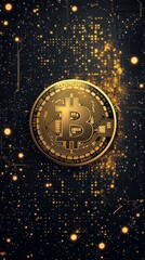 Poster - Golden Bitcoin symbol surrounded by digital circuitry patterns and glowing particles on a dark background